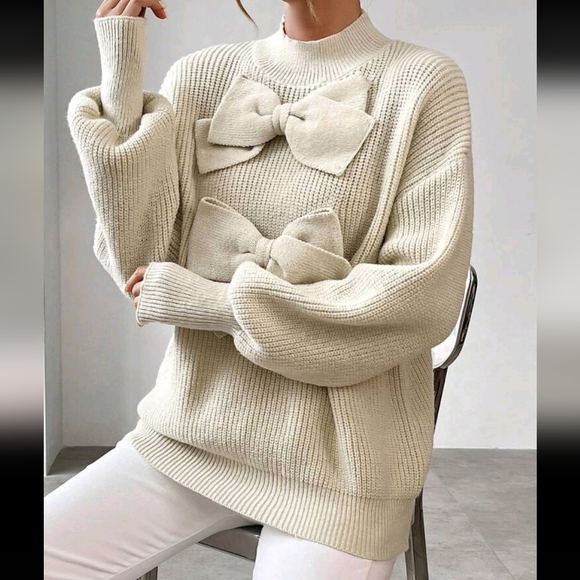 Mock Neck Bow Front Drop Shoulder Sweater - Picture 4 of 4